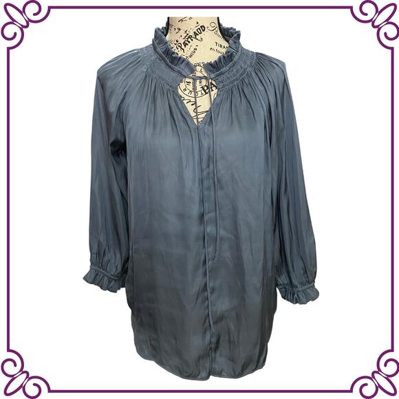 Carmen Marc Valvo Tops - Carmen Marc Valvo Blue Gray Long Sleeve Ruffle V Neck Blouse XS